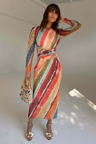 Sunset Stripe Mesh Midi Dress