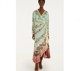 Birds Tree Green Mix Maxi Long Sleeve Dress