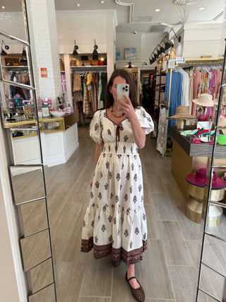 Bryce Puff Sleeve Midi Pleated Dress - Cream/Multi