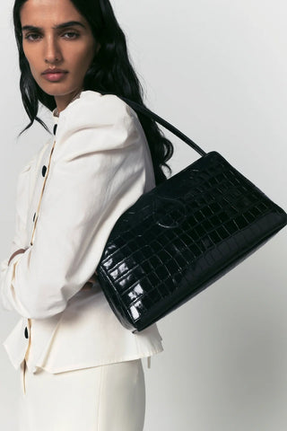 Gabrielle Croco-Embossed Shoulder Bag - Black