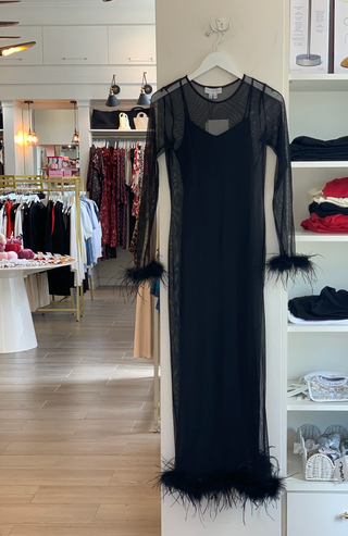 Black Mesh Feather Trim Dress