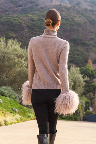 Hibernate Removeable Mongolian Wool Cuff Turtleneck Sweater - Mocha