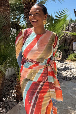Sunset Stripe Mesh Midi Dress