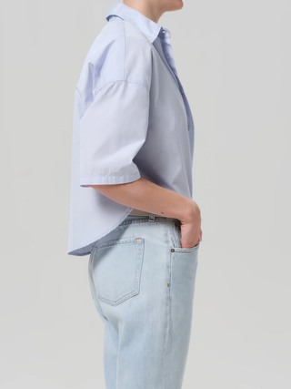 Frances Cropped Cape Button Up - Baby Blue