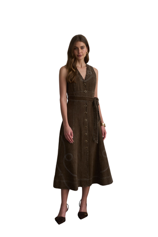 Western Embroidered Button-Down Midi Dress