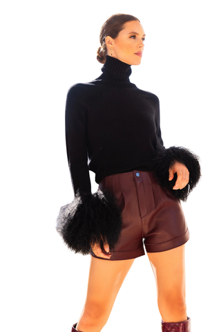 Hibernate Removeable Mongolian Wool Cuff Turtleneck Sweater - Black
