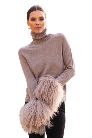 Hibernate Removeable Mongolian Wool Cuff Turtleneck Sweater - Mocha