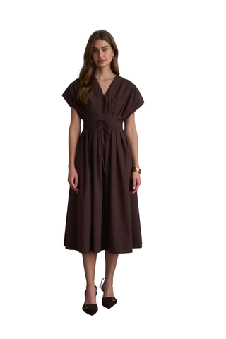 Pleated V Neck Midi Dress