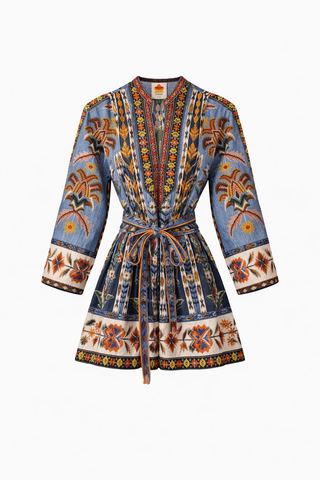 Embroidered Tapestry Blue Mini Dress