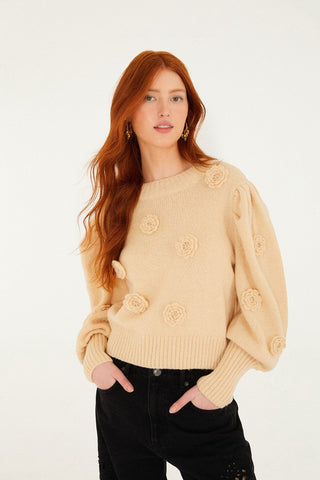 Crochet Flower Knit Cardigan - Sand
