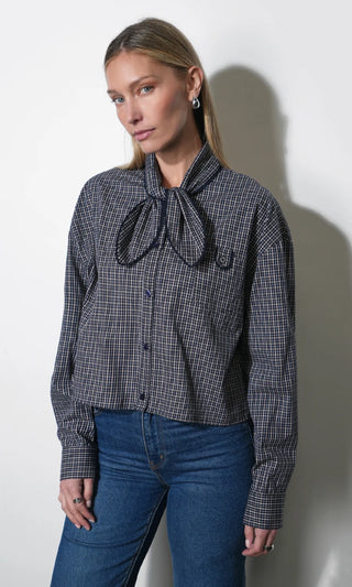 Honey Boxy Tie Neck Checked Button Down