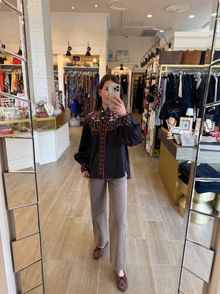 Embroidered Long Sleeve Shirt Dress - Black