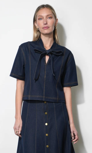 Inez Boxy Denim Top With Tie Neck