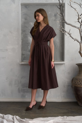 Pleated V Neck Midi Dress