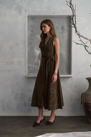 Western Embroidered Button-Down Midi Dress
