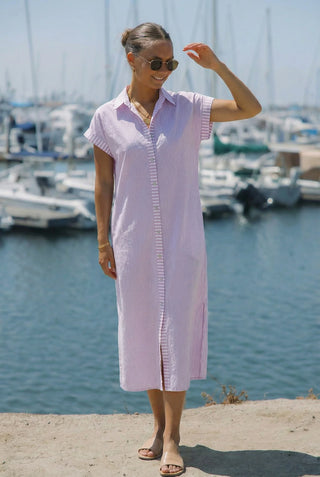 Riga Short Sleeve Midi Dress - Lavendar Stripes