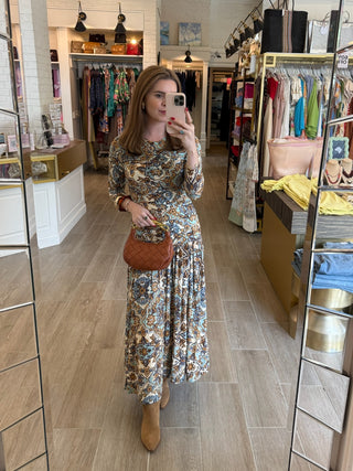 Winter Tapestry Blue Long Sleeve Maxi Dress