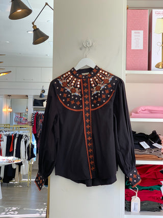 Embroidered Long Sleeve Shirt Dress - Black