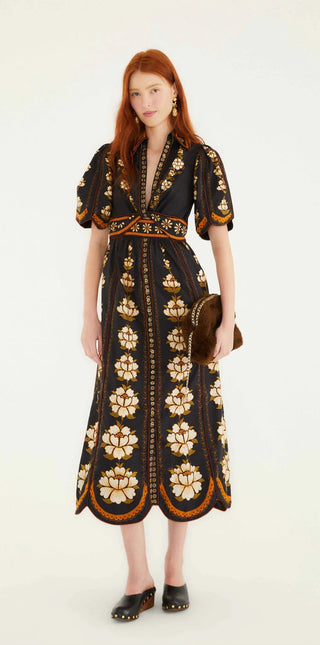 Embroidered Flowers Black Midi Dress