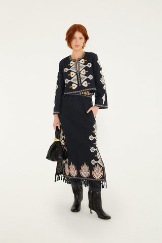 Black Embroidery Midi Skirt
