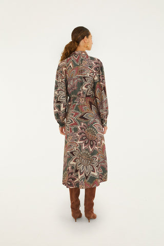 Tapestry Flowers Dark Green Midi Dress