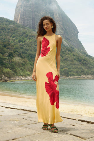 Poppy Flowers Light Yellow Sleveless Maxi Dress